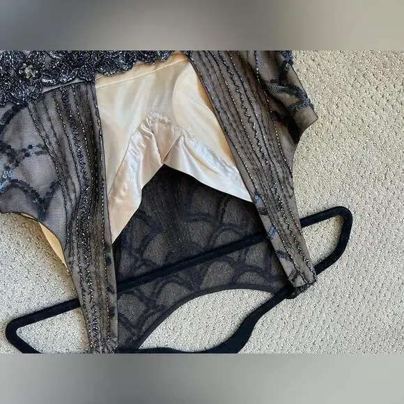 SUE WONG Black & nude beaded, sequin ostrich feather dress - Picture 7 of 9